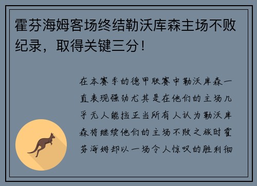霍芬海姆客场终结勒沃库森主场不败纪录，取得关键三分！